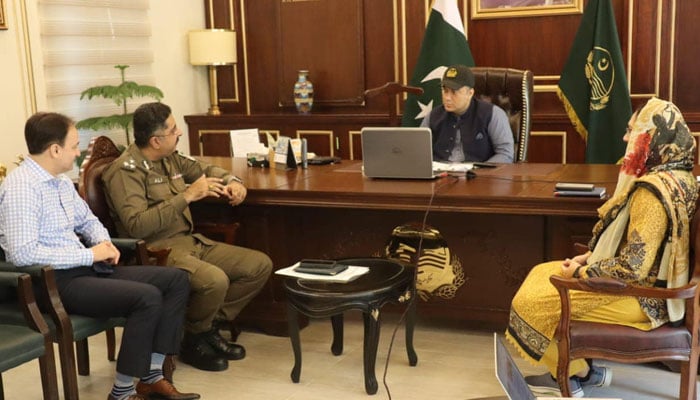 Commissioner Lahore Muhammad Ali Randhawa presides over a meeting to review the arrangements for Eidul Fitr, Vaisakhi Mela and Pakistan-New Zealand T20 cricket matches on April 9, 2024. — Facebook/Commissioner Lahore,Punjab.