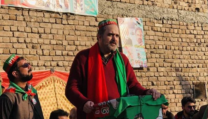 (PTI) Peshawar chapter president and Member National Assembly Sher Ali Arbab addresses an event on February 5, 2024. — Facebook/Sher Ali Arbab