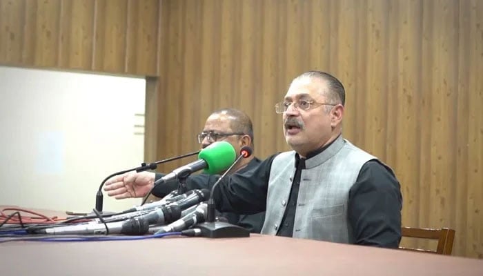 Sindh Senior Minister and Minister for Information, Transport, and Mass Transit, Sharjeel Inam Memon addresses a press conference at the media cell of Bilawal House on January 15, 2024. — Facebook/Sharjeel Inam Memon