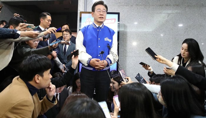 Democratic Party (DP) leader Lee Jae-myung reacts to the election results in Seoul, South Korea on 10 April 2024. — AFP