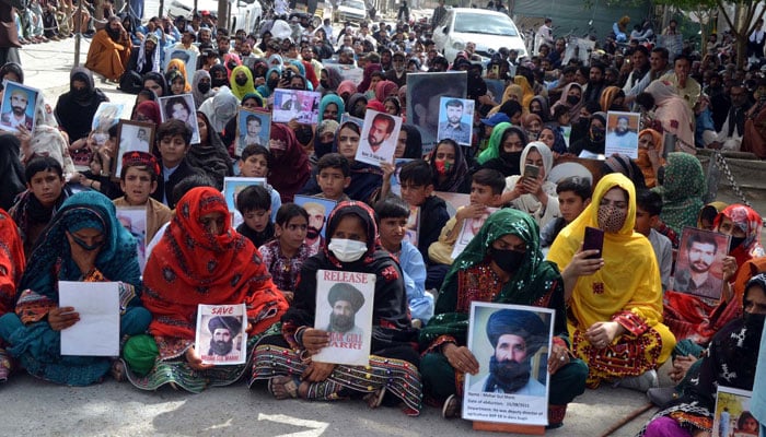 Members of missing persons are take part in a protest  for the recovery of their missing family members, on the occasion of Eid-ul-Fitr, at Quetta Press Club on April 12, 2024. — PPI
