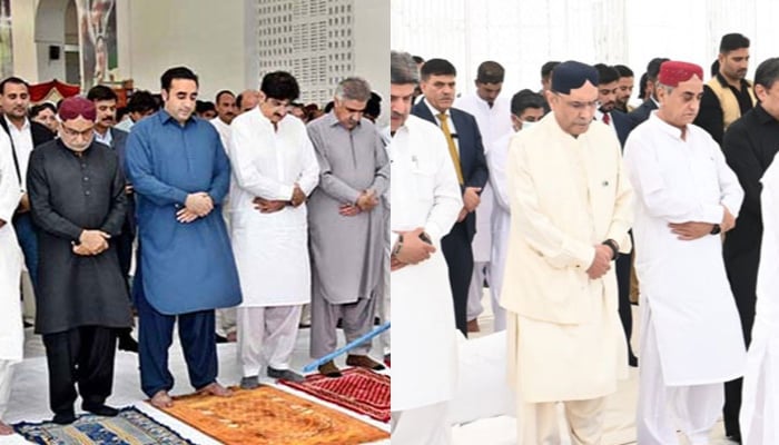This combo of images shows Bilawal Bhutto (L) and President Asif Ali Zardari offering Eid-ul-Fitr prayers in Garhi Khuda Bux and Nawabshah, respectively on April 10, 2024. — APP