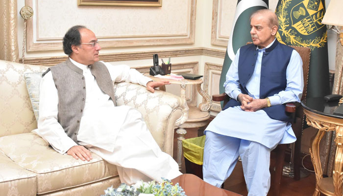 Minister for Finance Muhammad Aurangzeb (left) meets Prime Minister Muhammad Shehbaz Sharif on April 12, 2024. — PID