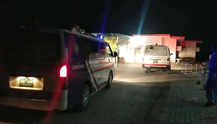 Ambulances parked outside a health facility in Balochistan on April 12, 2024. — Geo News