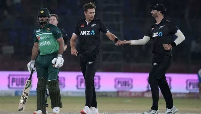 New Zealand players celebrating a wicket during the match against Pakistan in this picture. — PCB/File