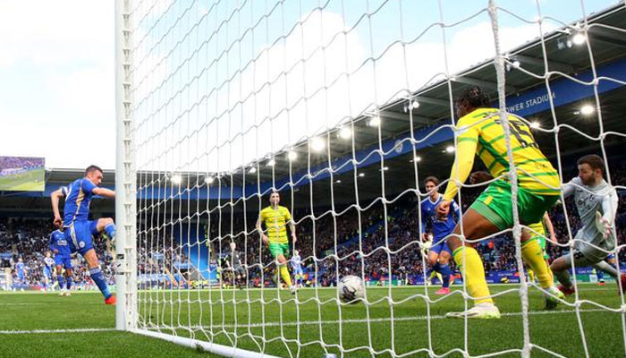 Jamie Vardy of Leicester City scores his team’s third goal. — AFP/File