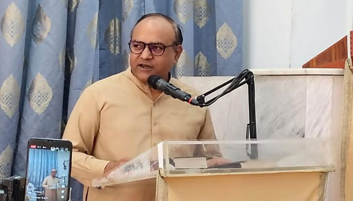 Sindh Assembly Deputy Speaker, Anthony Naveed addresses an event on April 8, 2024. — Facebook/Anthony Naveed MPA Sindh