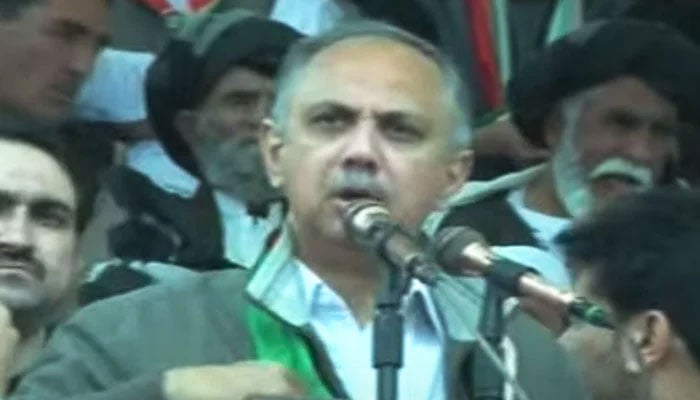 PTI General Secretary Omar Ayub Khan speaks during a political rally in Pishin on April 13, 2024, in this still taken from a video. — YouTube/Geo News Live/File