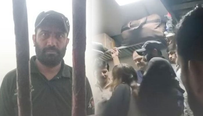 A combo showing arrested police officer Mir Hassan (left) and a screengrab of the incident. — Instagram/dialoguepakistan/File