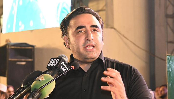 Pakistan People’s Party Chairman Bilawal Bhutto Zardari speaking to a public gathering in Garhi Khuda Bakhsh on April 14, 2024. — Facebook/Pakistan Peoples Party - PPP