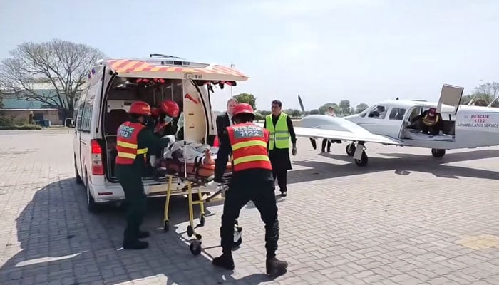 In this screengrab, the rescue staff is busy in an air ambulance training session on April 13, 2024. — Facebook/Maryam Nawaz Sharif
