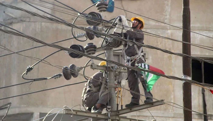 In this image, workers repairing the wires on a pole on February 20, 2024. — Online