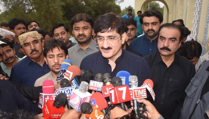 Sindh Chief Minister Syed Murad Ali Shah talks to the media persons after offering Fateha at his father Syed Abdullah Shah’s grave in Wahur on his 17th death anniversary on April 14, 2024. — Facebook/Sindh Chief Minister House