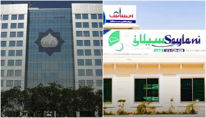 This combo shows the head office of the Faysal bank (L), and the Saylani Welfare Trust. — Facebook/Habib Fida Ali, Architects/Saylani Welfare International Trust/File