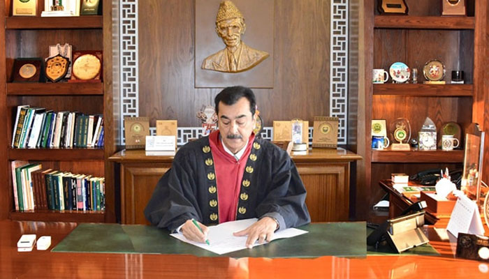 Senate Chairman Syed Yusuf Raza Gilani assume charge as Chairman of the Senate in the Senate Office on April 9, 2024. — Facebook/Syed Yousuf Raza Gillani