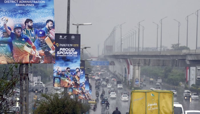 A view of Pakistan cricket team banners on street light poles in Rawalpindi on April 15, 2024. — Online