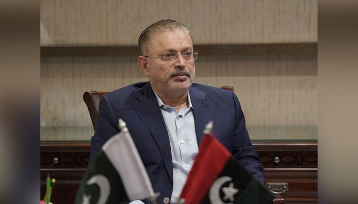 Sindh Minister for Transport, Excise, Taxation and Narcotics Sharjeel Inam Memon gestures during a meeting in Karachi on April 15, 2024. — Facebook/Sharjeel Inam Memon
