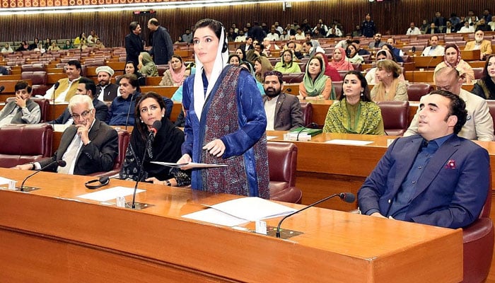 Aseefa Bhutto Zardari deliving her speech after taking oath as Member of the National Assembly on April 15, 2024. — NNI