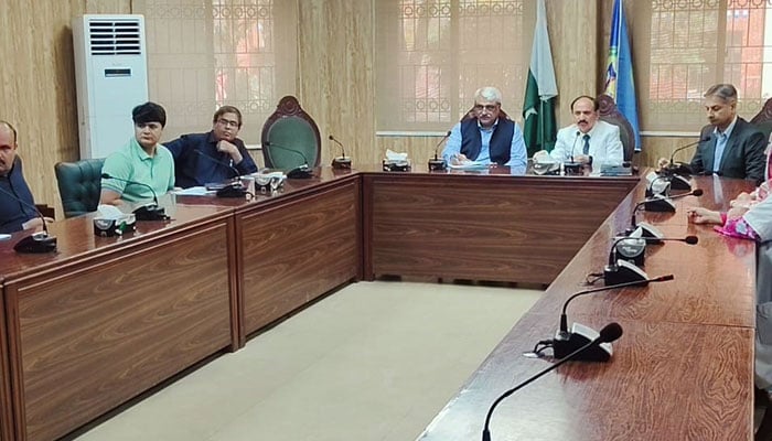 Punjab Health Minister Khawaja Salman Rafique Tuesday chairs a meeting at the University of Child Health Sciences on April 16, 2024. — Facebook/Khawaja Salman Rafique