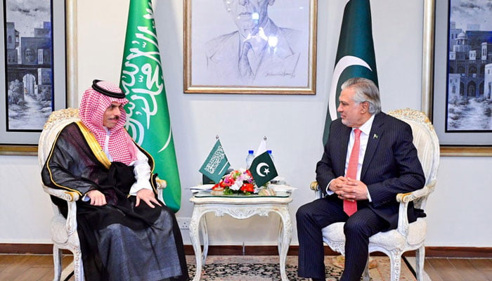 Foreign Minister, Mohammad Ishaq Dar and Foreign Minister of the Kingdom of Saudi Arabia Prince Faisal Bin Farhan Al Saud in a meeting at Ministry of Foreign Affairs on April 16, 2024. — APP