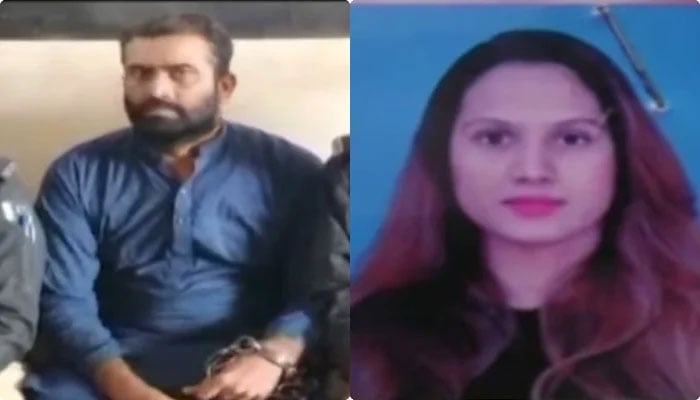 Police constable Mir Hasan (left) is handcuffed in police custody and victim Maryam Bibis file photo (right). —Screengrab/Geo News