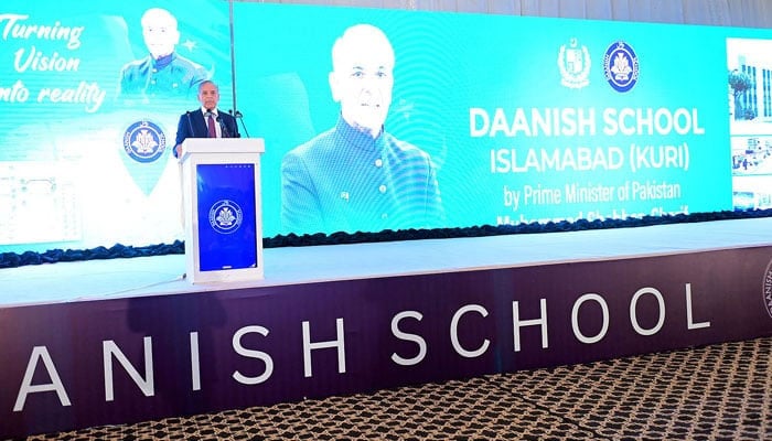 Prime Minister Muhammad Shehbaz Sharif addresses a ceremony at the proposed site of the Daanish School on April 9, 2024. — NNI