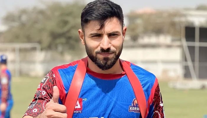 Karachi Kings rookie batsman Mohammad Irfan Khan Niazi gestures in this image released on March 9, 2023. — Instagram/@mirfankhan_75