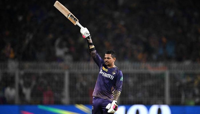 Sunil Narine celebrates after scoring a century during the match between Kolkata Knight Riders and Rajasthan Royals at Eden Gardens. — AFP/File