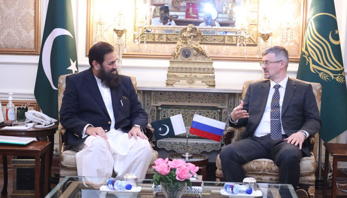 In this image, the ambassador of Russia to Pakistan, Albert Khorev, meets Governor Muhammad Balighur Rehman at the Governors House on April 17, 2024. — Facebook/Embassy of Russia in Pakistan
