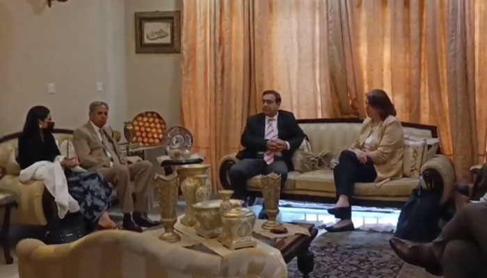 In this screengrab, a delegation of US diplomats headed by Political Consular US Embassy Maureen Haggard (R) Meets Zulfiqar Ali Badr, the spokesperson for PPP Chairman Bilawal Bhutto Zardari (C) at his residence on April 17, 2024. — X/@ZulfiBader