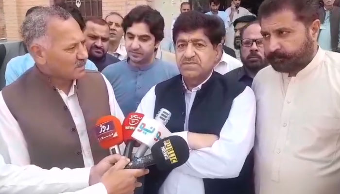 In this still, Khyber Pakhtunkhwa Minister for Food, Zahir Shah Toru speaks to media persons during visits to Mardan Medical Complex and District Headquarters Hospital on April 17, 2024. — Facebook/Zahir Shah Toru