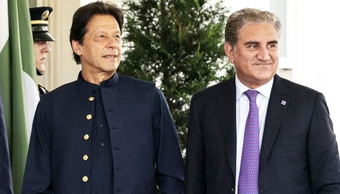 PTI founder Imran Khan (L), and the partys senior leader Shah Mahmood Qureshi. — X/@ShirazHassan/File
