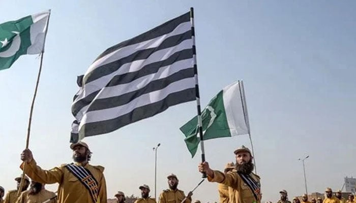 Workers of Jamiat Ulema-e-Islam-Fazl (JUIF) can be seen standing still holding the party flag. — AFP/File