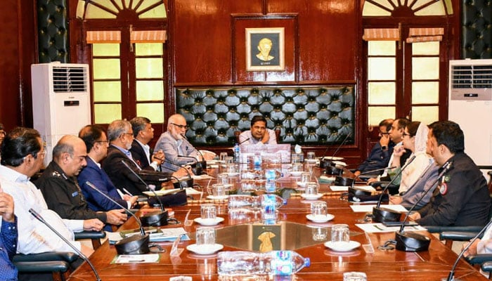 Commissioner Karachi Syed Hasan Naqvi chairs a meeting to assess the preparations for the upcoming 29th International Poetry Conference slated for April 20 on April 19, 2024. — Facebook/Commissioner Karachi Office