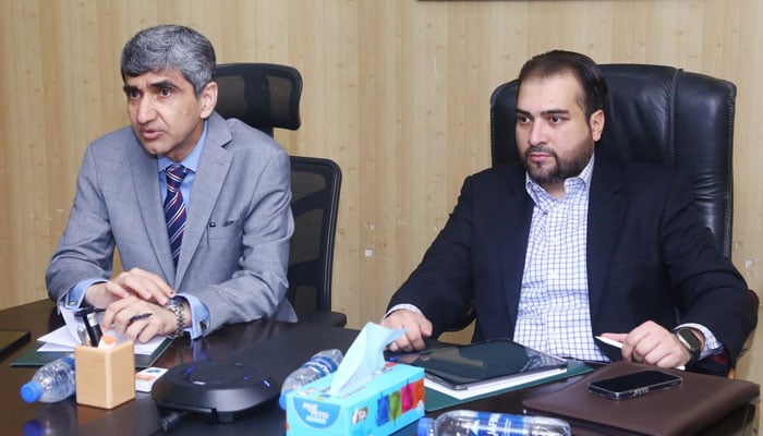Provincial Minister for Agriculture Ashiq Hussain Kirmani (R) gestures during a meeting and Punjab Agriculture Secretary Iftikhar Ali Sahoo is also present, image released on April 16, 2024. — Facebook/Syed Ashiq Hussain Kirmani