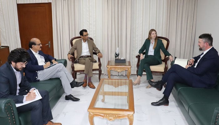 Federal Education Minister Dr Khalid Maqbool Siddiqui meets with the  British High Commissioner to Pakistan Jane Marriott on April 19, 2024. — Facebook/Ministry of Federal Education and Professional Training Pakistan