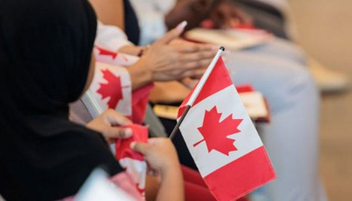 A representational image of an immigrant holding a Canadian flag. — X/@CitImmCanada/File
