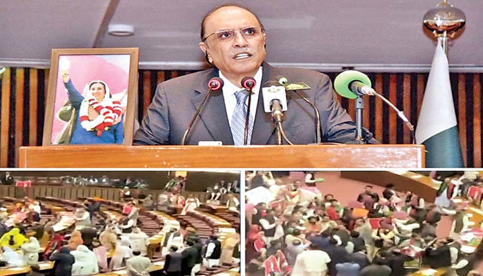 ISLAMABAD: (Clockwise) President Asif Ali Zardari addressing the joint session of parliament at the beginning of the parliamentary year here on Thursday; opposition lawmakers carrying PTI founder’s pictures gather in front of the speaker’s podium while chanting slogans for Imran’s release.