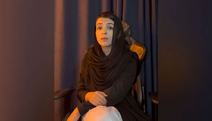 In this still, the Adviser to KP Chief Minister on Social Welfare Mashaal Yousafzai speaks in a video interview, released on February 6, 2024. — X/@AkMashal