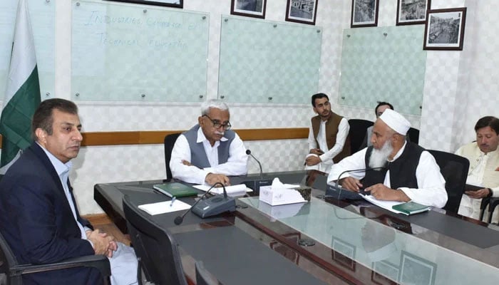 Special Assistant to the Chief Minister of KP for Technical Education and Industries and Commerce Abdul Karim Tordhirs chairs a meeting on March 21, 2024. — Facebook/Abdul Karim Tordher