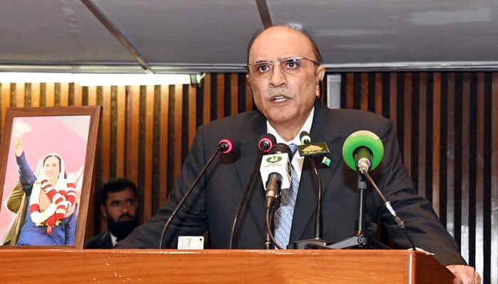President Asif Ali Zardari addresses the joint session of the Parliament House in Islamabad on April 18, 2024. — Online