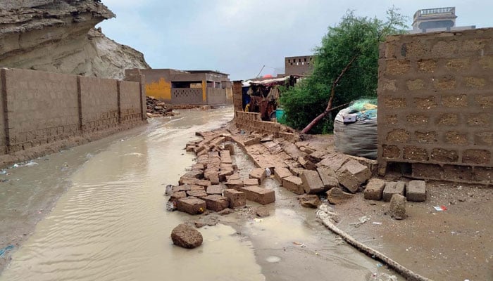 View of houses seen collapsed due to heavy rains in Gwadar on April 18, 2024. — PPI