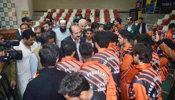 Chairman Prime Ministers Youth Programme Rana Mashhood Ahmed Khan (C) talks with players during the opening ceremony of Table Tennis Provincial League of Prime Ministers Youth Talent Hunt on April 19, 2024. — APP