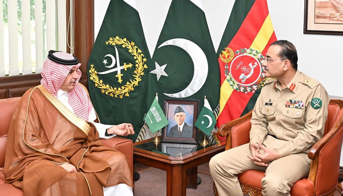 Major General (Engineer) Talal Bin Abdullah Al-Otaibi, Assistant Minister of Defence of KSA, meets with Chief of Army Staff (COAS) Syed Asim Munir at the GHQ on April 19, 2024. — Facebook/ISPR