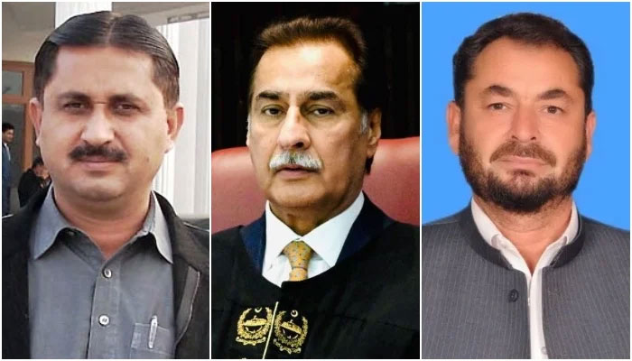 National Assembly Speaker Sardar Ayaz Sadiq (centre), MNA Jamshed Dasti (left), and MNA Muhammad Iqbal Khan. — Online/NA website/Facebook/@SardarAyazSadiq/File