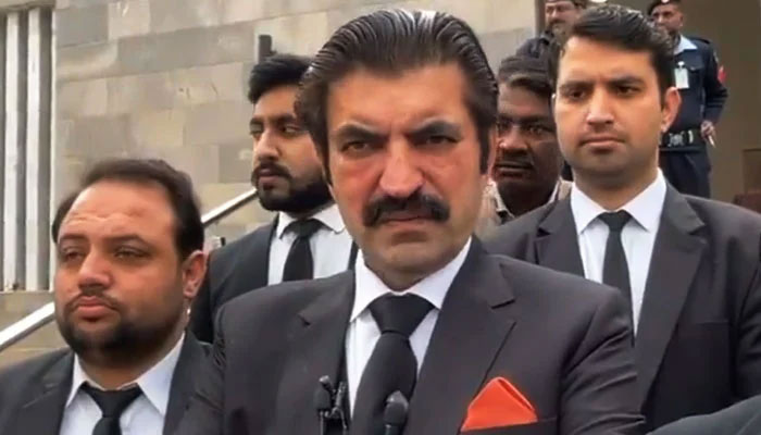 PTI leader and MNA Sher Afzal Marwat speaks with journalists outside a court in this still taken from a video. — X/@sherafzalmarwat/File