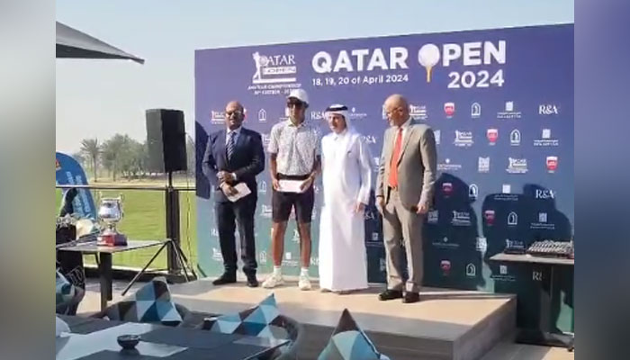 This screengrab taken from a video released on April 20, 2024, shows  Pakistan’s golf player Omar Khalid Hussain posing for a picture after taking fourth position. — Facebook/Naseem Shekhani