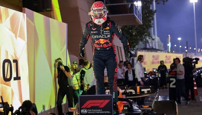Formula 1 driver Max Verstappen reacts as he exits his car after winning the Bahrain Formula One Grand Prix at the Bahrain International Circuit in Sakhir on March 5, 2023. — AFP