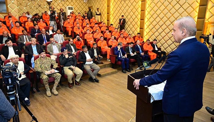 PM Shehbaz Sharif addresses the Chinese engineers and government officials at Kass camp of China Gazhouba Group Company (CGGC) working at the Dasu hydropower project on April 1, 2024. — PID
