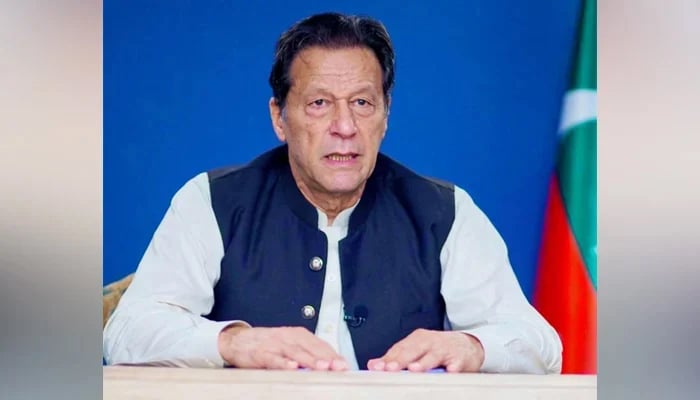 This picture released on August 3, 2023, shows PTI founder Imran Khan speaking. — Facebook/Imran Khan